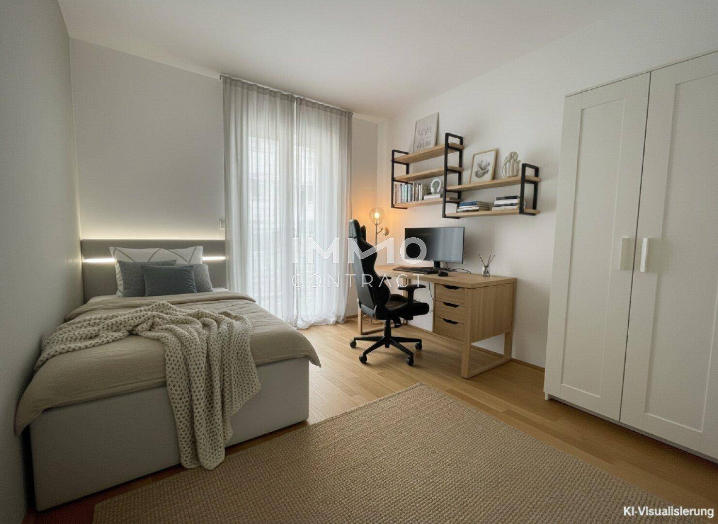 Helles Schlafzimmer mit Einzelbett, Schreibtisch und Holzboden, ideal als Kinder- oder Arbeitszimmer.
