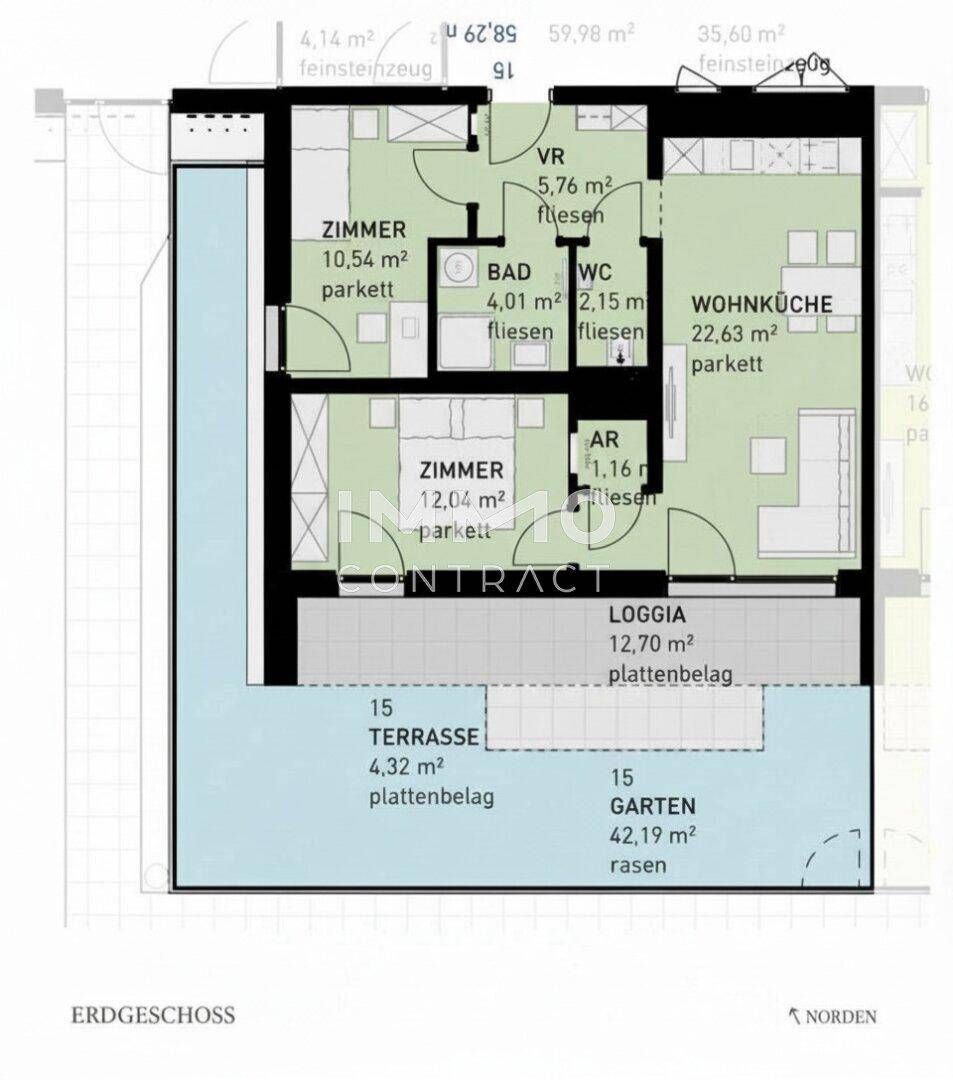 Grundriss einer Erdgeschosswohnung mit offener Wohnküche, zwei Schlafzimmern, Loggia, Terrasse und Garten.