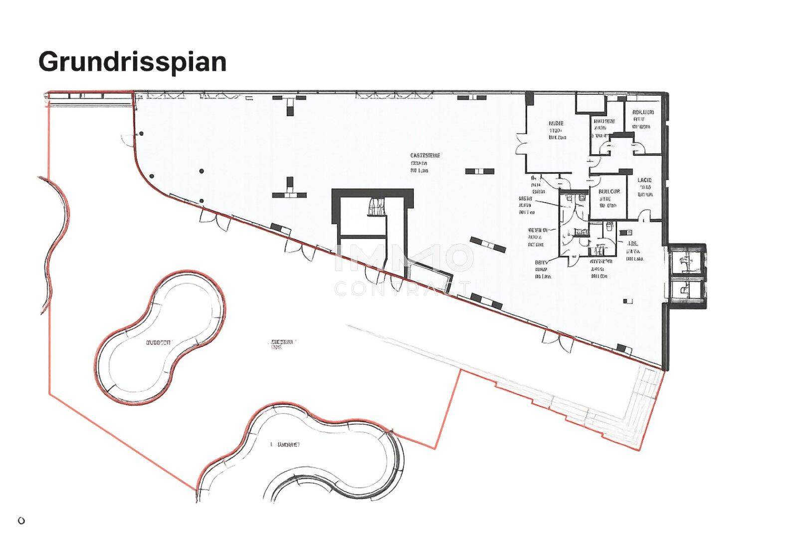 Detaillierter Grundrissplan einer Etage mit großem offenen Bereich und mehreren kleineren Räumen.