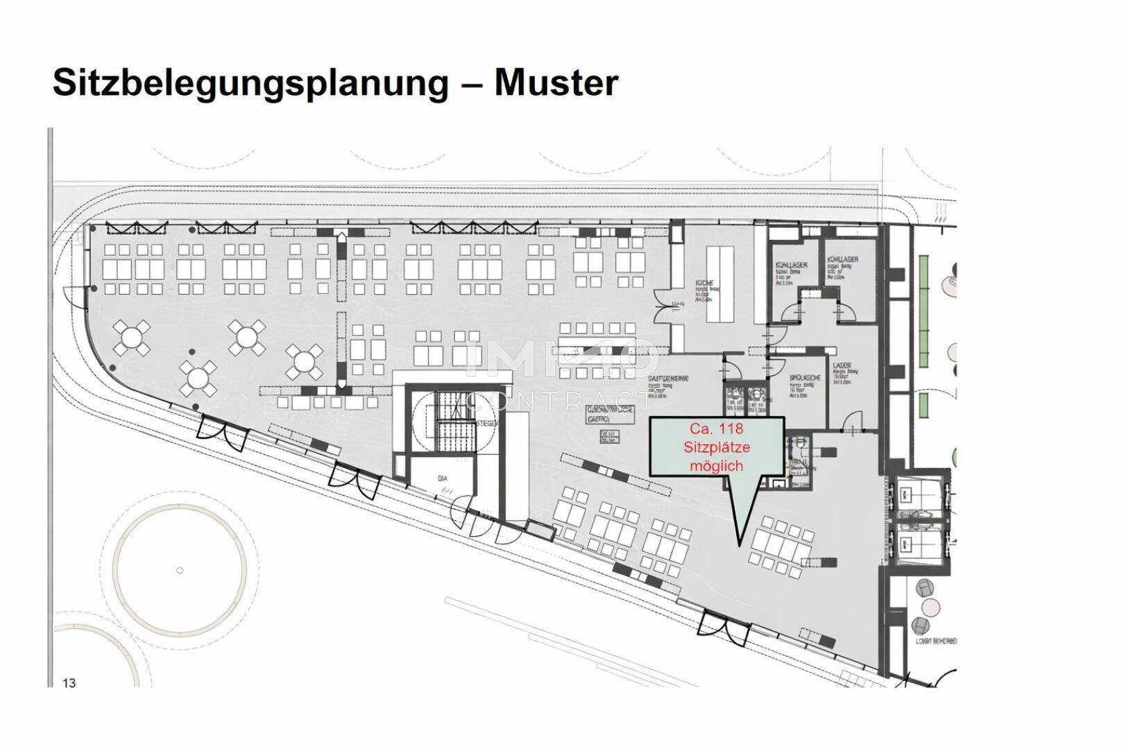 Muster-Sitzbelegungsplan für eine große Fläche mit zahlreichen Tischen und Stühlen sowie angrenzenden Räumen.