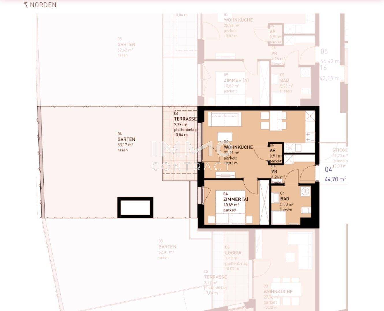 Grundriss einer Wohnung mit Wohnküche, Zimmer, Bad, Terrasse und Gartenbereich.