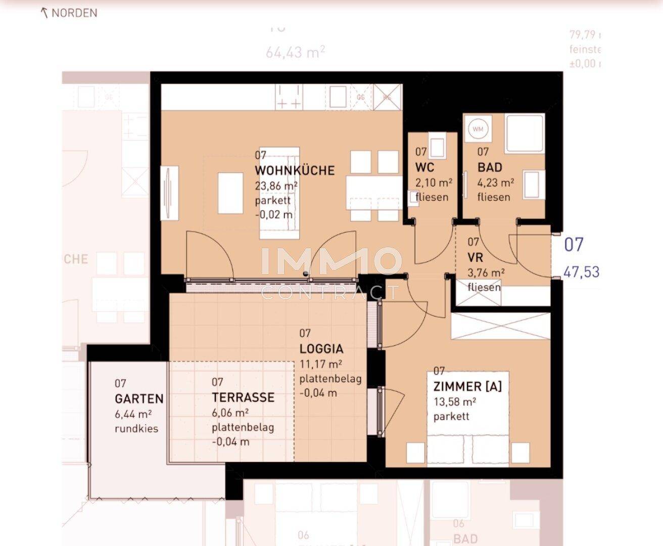 Grundriss einer Wohnung mit offener Wohnküche, Loggia, Terrasse und eigenem Gartenanteil.