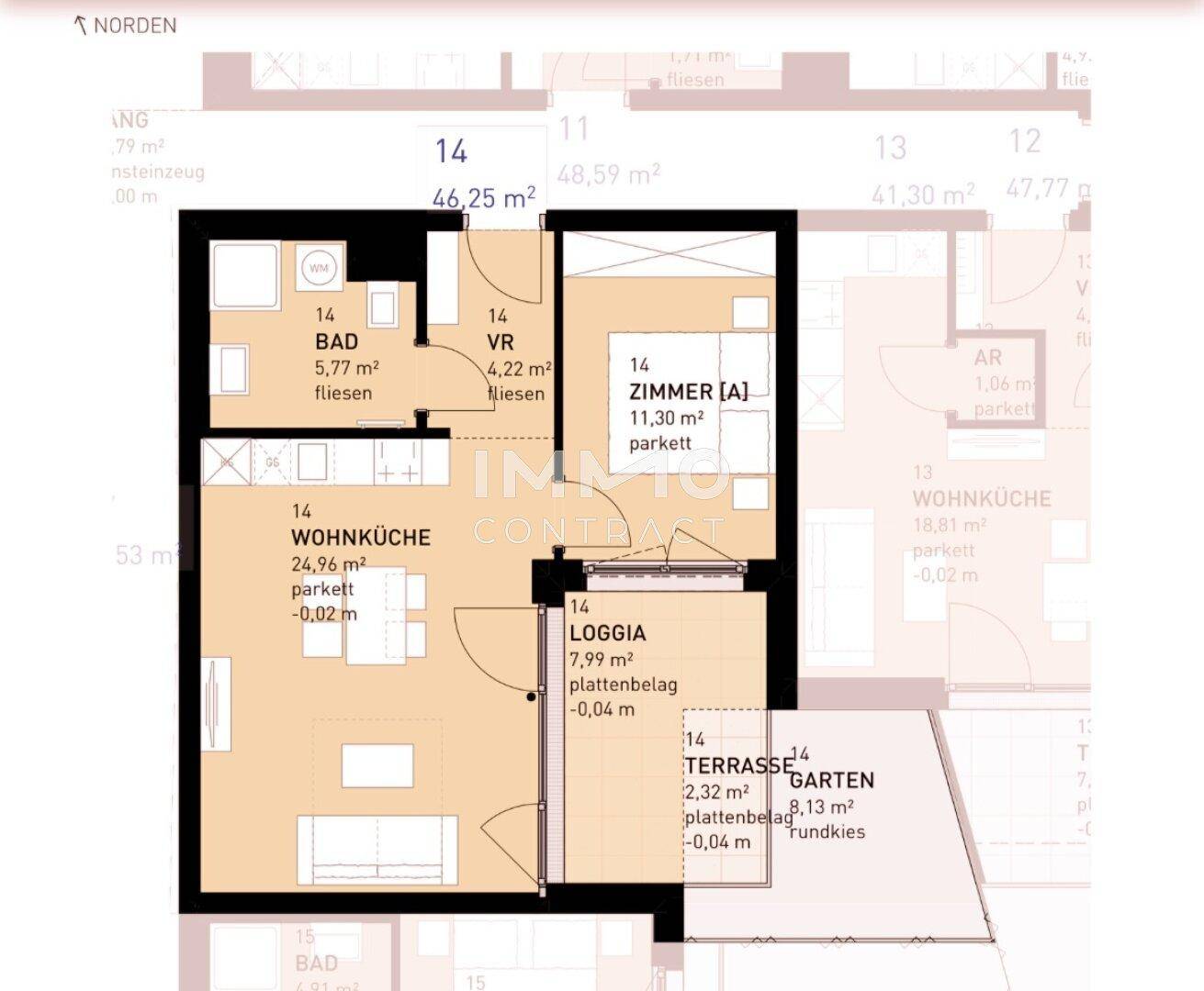 Detaillierter Grundriss einer Wohnung mit Wohnküche, Bad, Zimmer, Loggia, Terrasse und Gartenanteil.