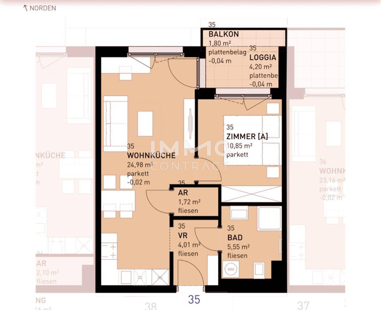 Grundriss einer Wohnung mit offener Wohnküche, Schlafzimmer, Bad und Balkon sowie Loggia.