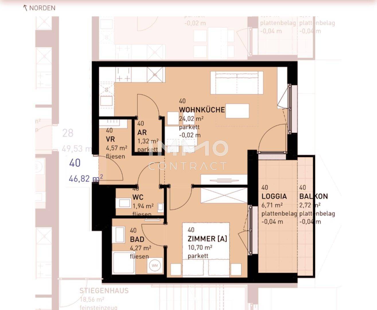 Grundriss einer Wohnung mit Wohnküche, Schlafzimmer, Bad, WC, Loggia und Balkon.