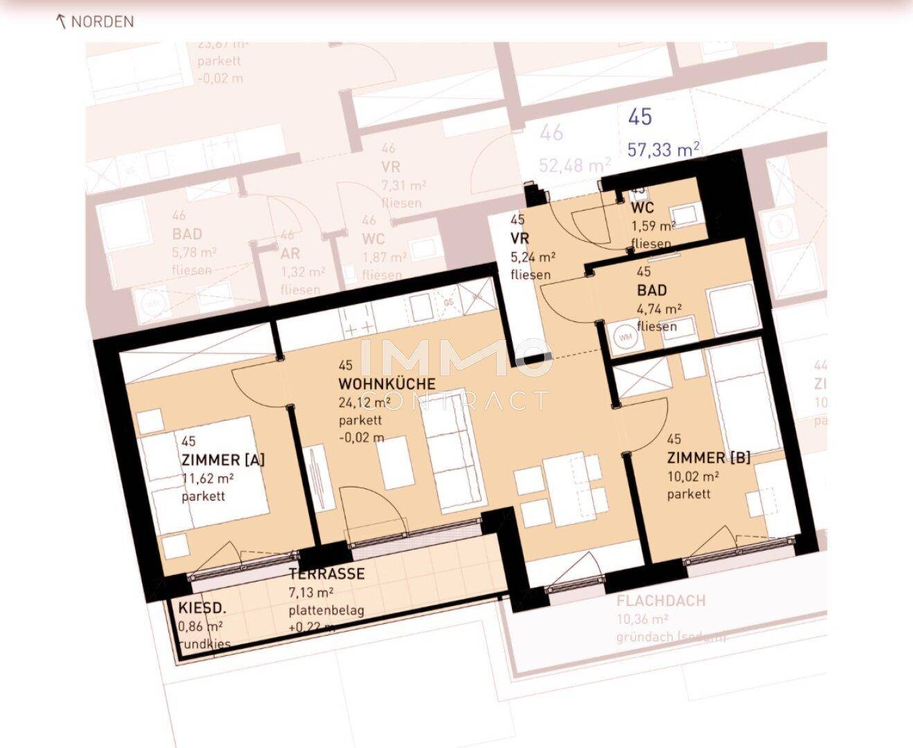 Detaillierter Grundriss einer Wohnung mit Wohnküche, zwei Zimmern und Terrasse.