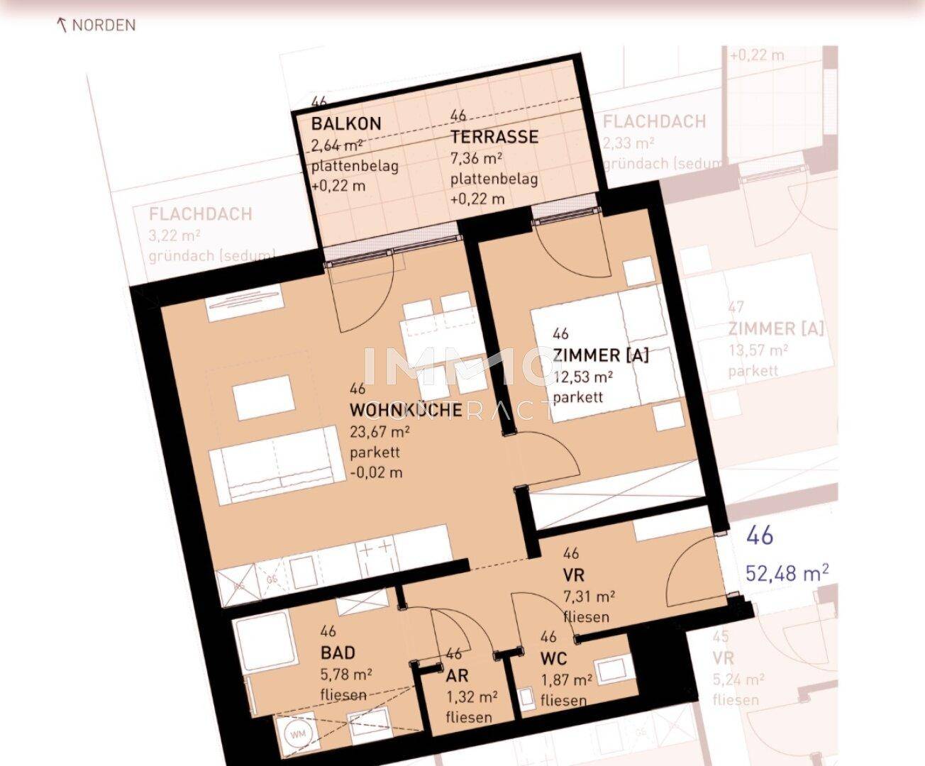 Grundriss einer Wohnung mit Wohnküche, Zimmer, Bad, WC, Balkon und Terrasse.