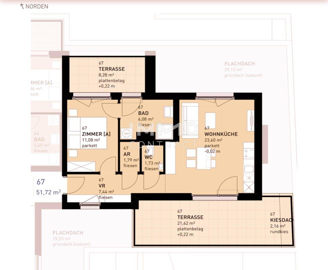 Grundriss einer Wohnung mit Wohnküche, Schlafzimmer, Bad, WC und zwei Terrassen.