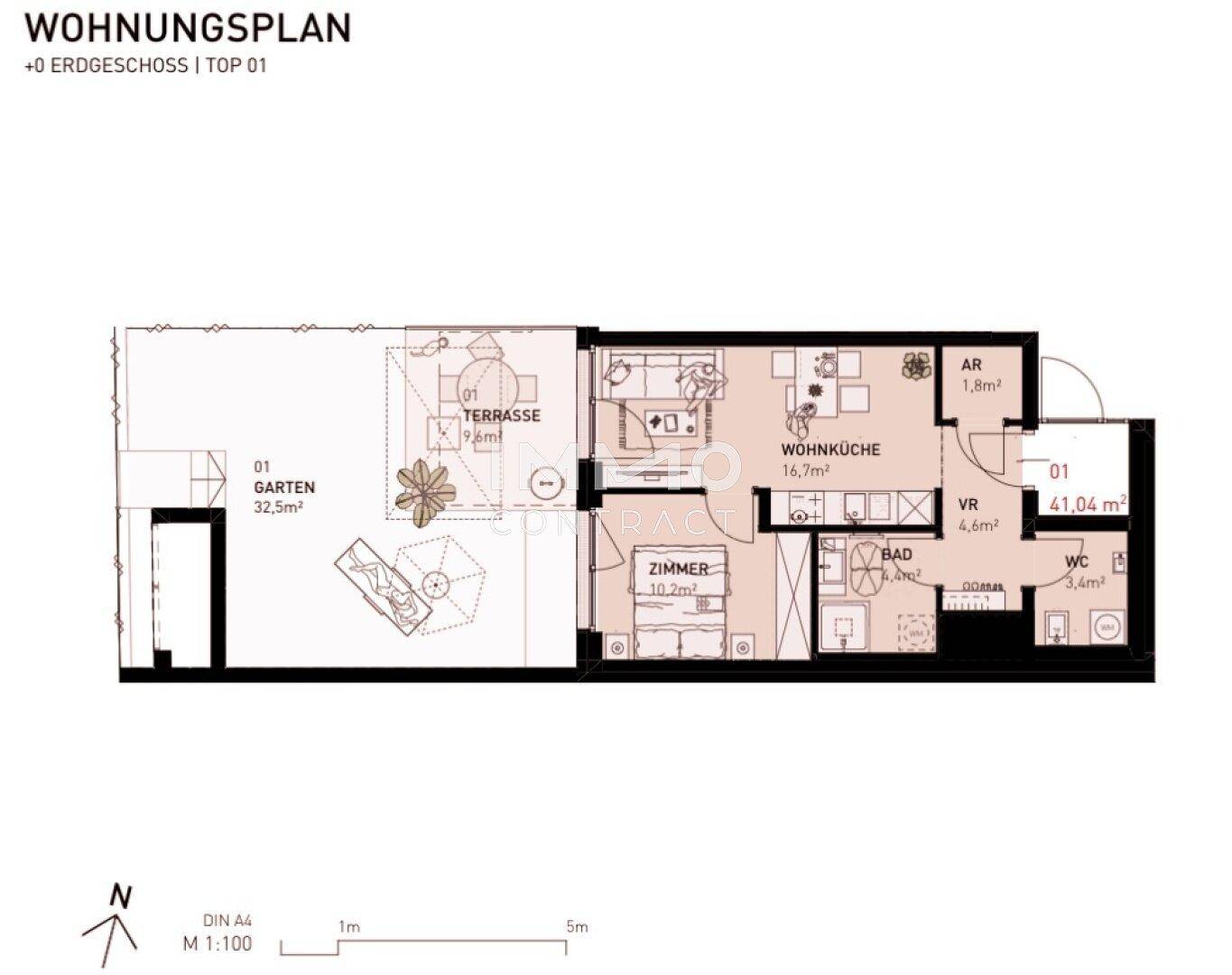 Grundriss des Erdgeschosses mit Wohnküche, Schlafzimmer, Bad, WC, Terrasse und Garten.