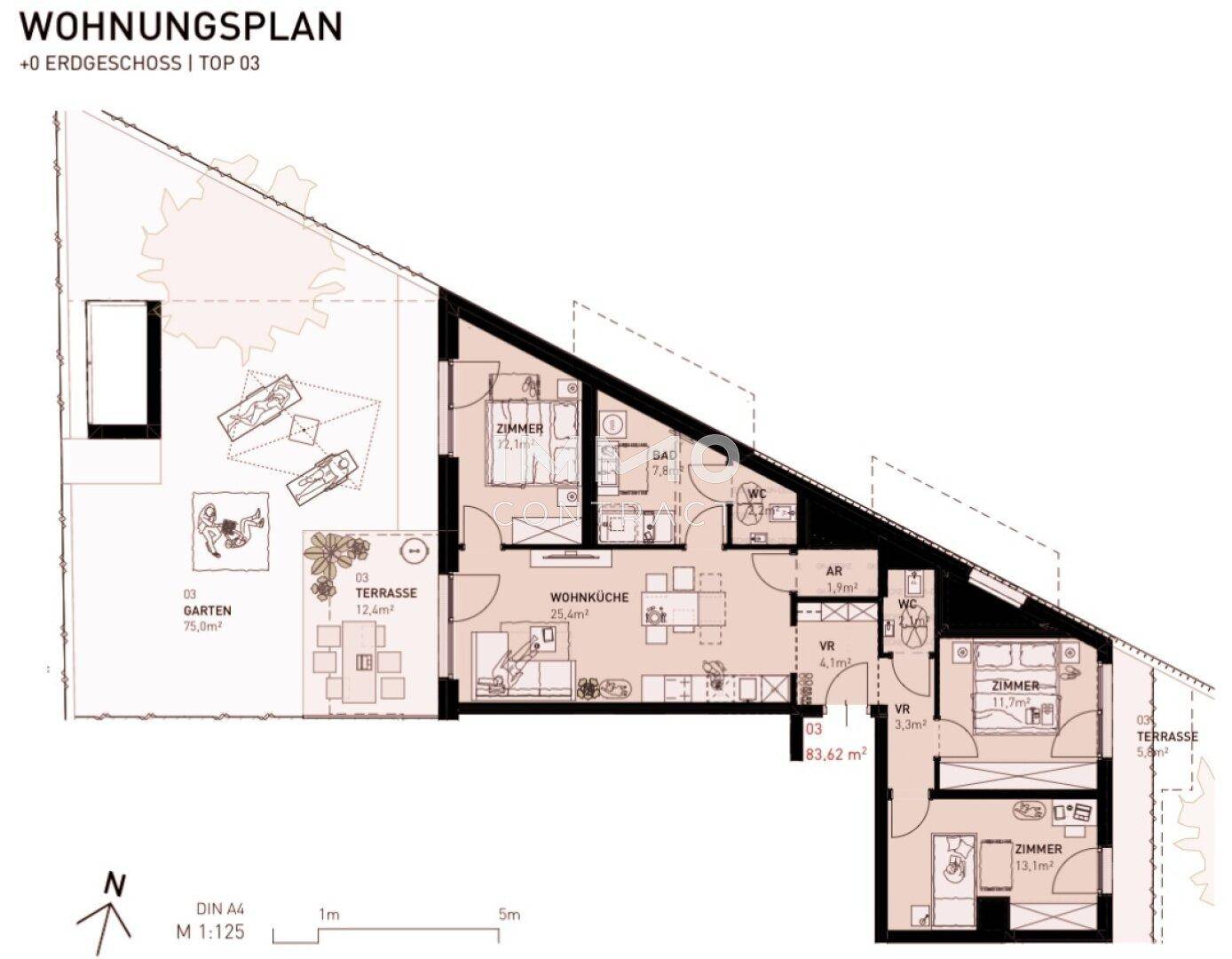 Grundrissplan einer Wohnung mit Garten, Terrasse und zwei Schlafzimmern.