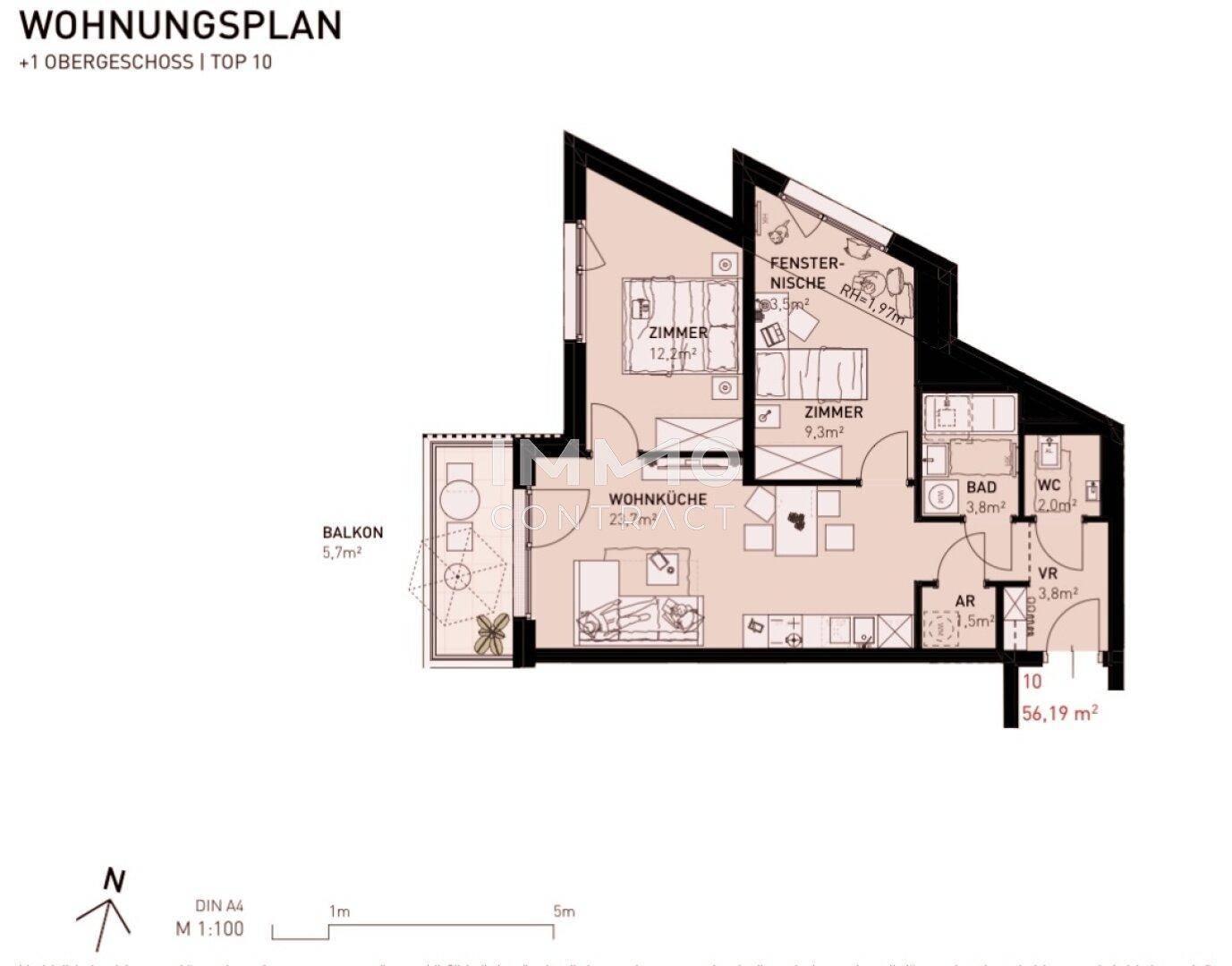 Grundriss einer Wohnung mit Wohnküche, zwei Zimmern, Bad, separatem WC und Balkon.