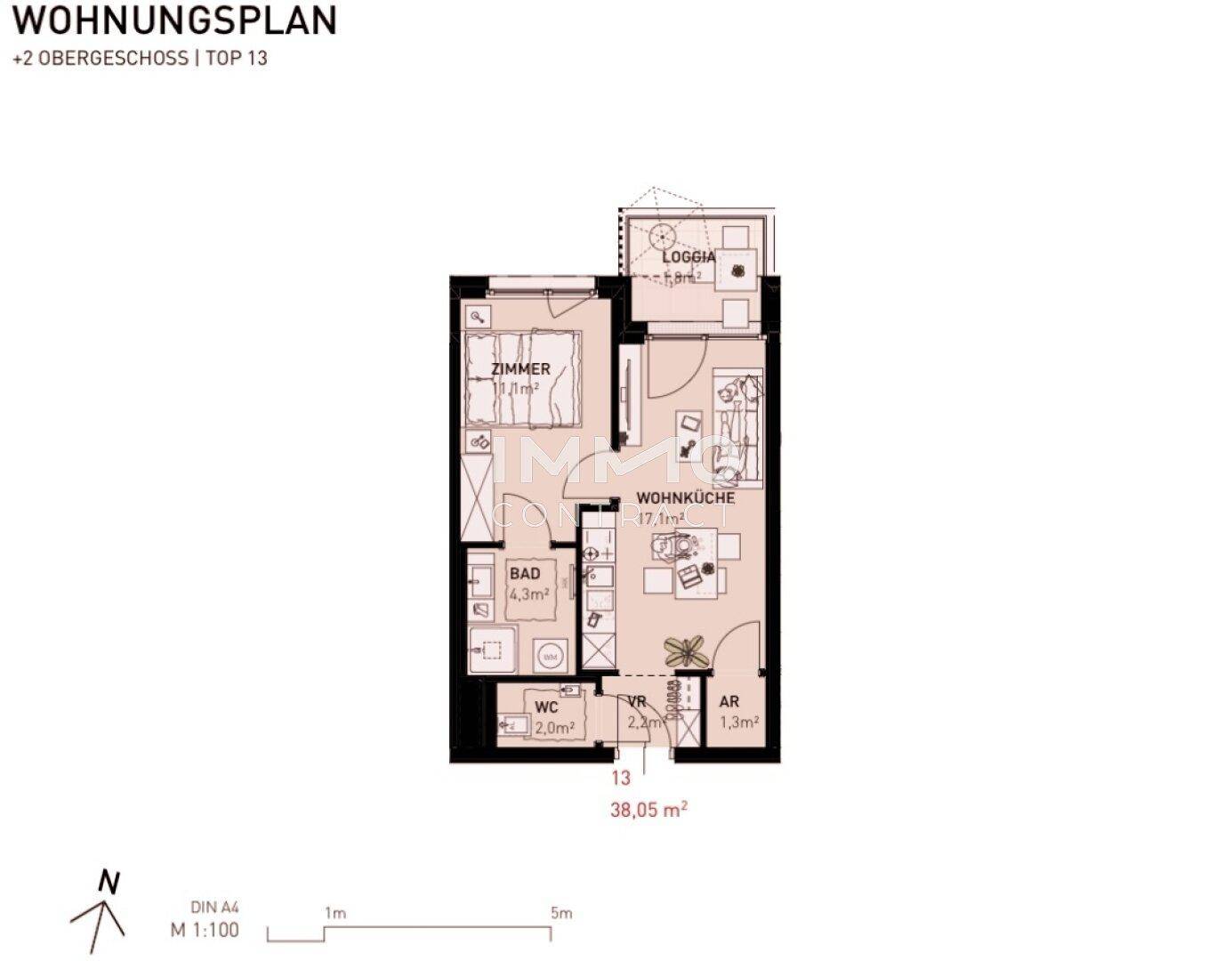 Grundriss einer Wohnung mit Schlafzimmer, offenem Wohnbereich, Bad, separatem WC und Loggia.