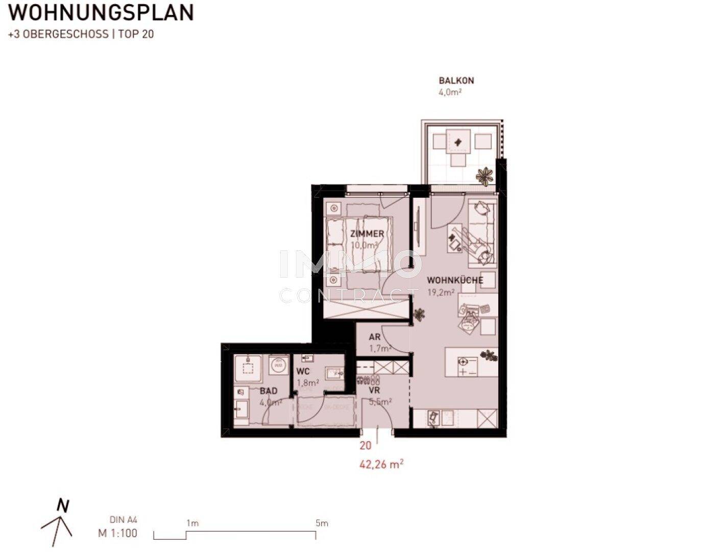 Grundriss einer Wohnung mit einem Schlafzimmer, offener Wohnküche und Balkon auf 42,26 m².