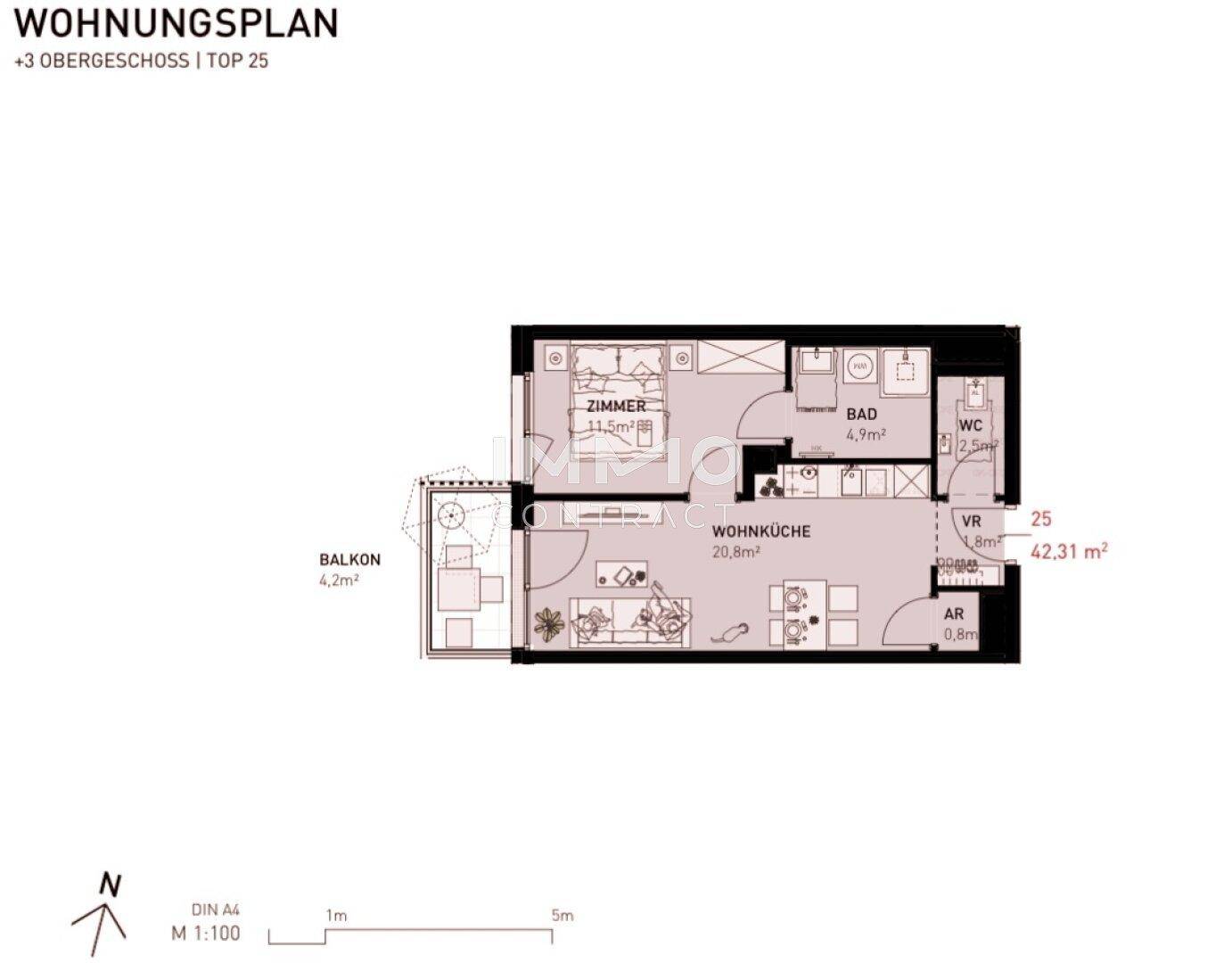Grundriss einer Wohnung im 3. Obergeschoss mit Balkon und offener Wohnküche.