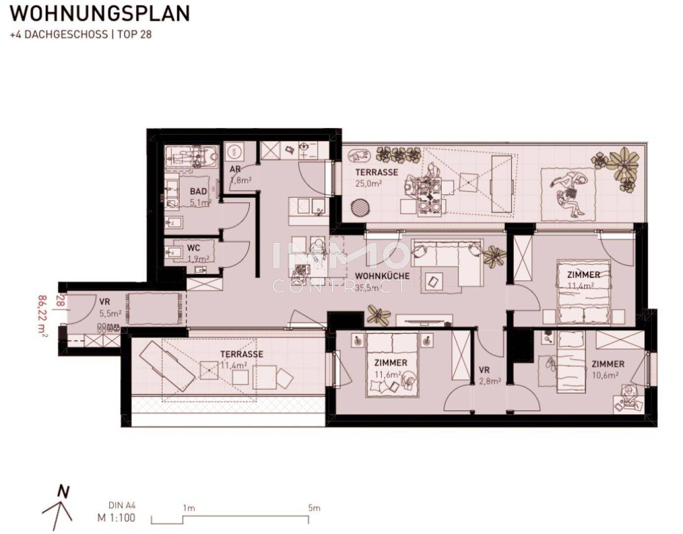 Grundriss einer Dachgeschosswohnung mit offener Wohnküche, drei Zimmern und zwei Terrassen.