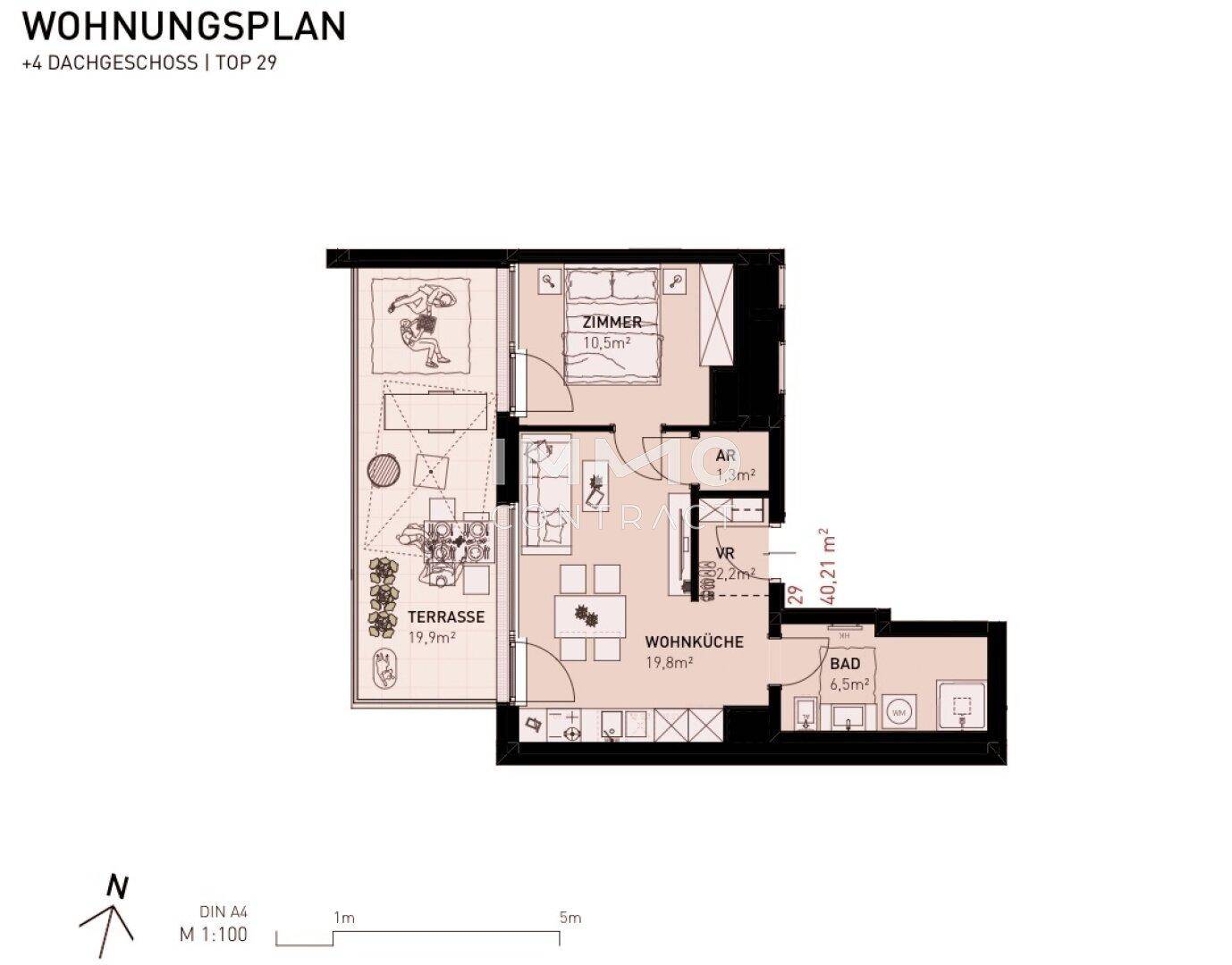 Grundrissplan einer Wohnung mit offener Wohnküche, Schlafzimmer und großer Terrasse.