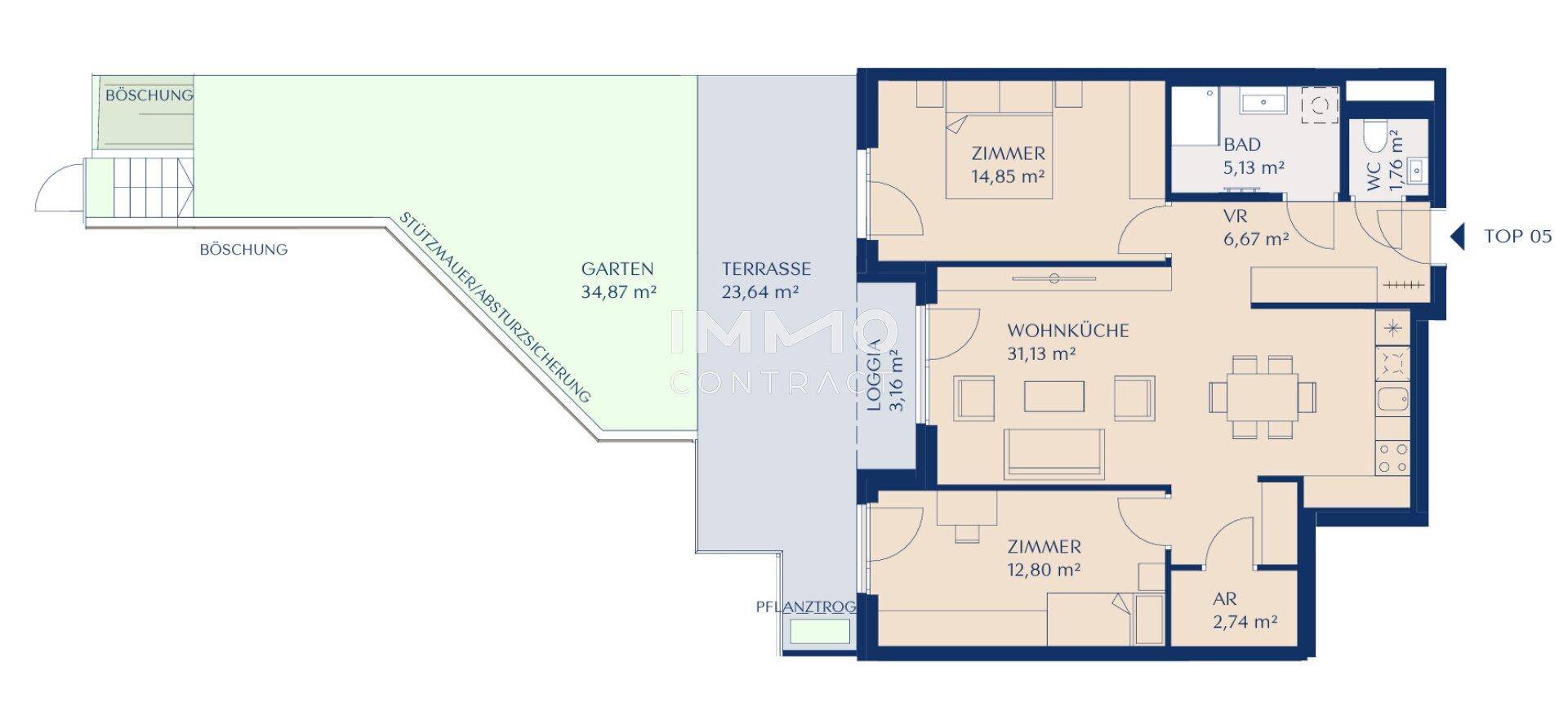 Grundriss einer Wohnung mit zwei Zimmern, Wohnküche, Bad, WC, Terrasse und Garten.