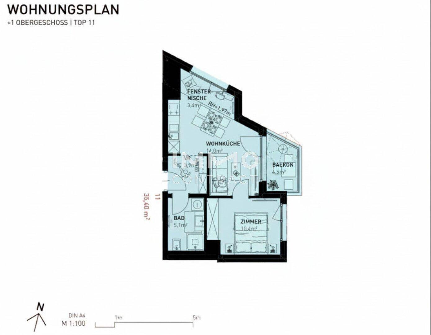 Grundrissplan einer Wohnung im Obergeschoss mit Wohnküche, Zimmer und Balkon.