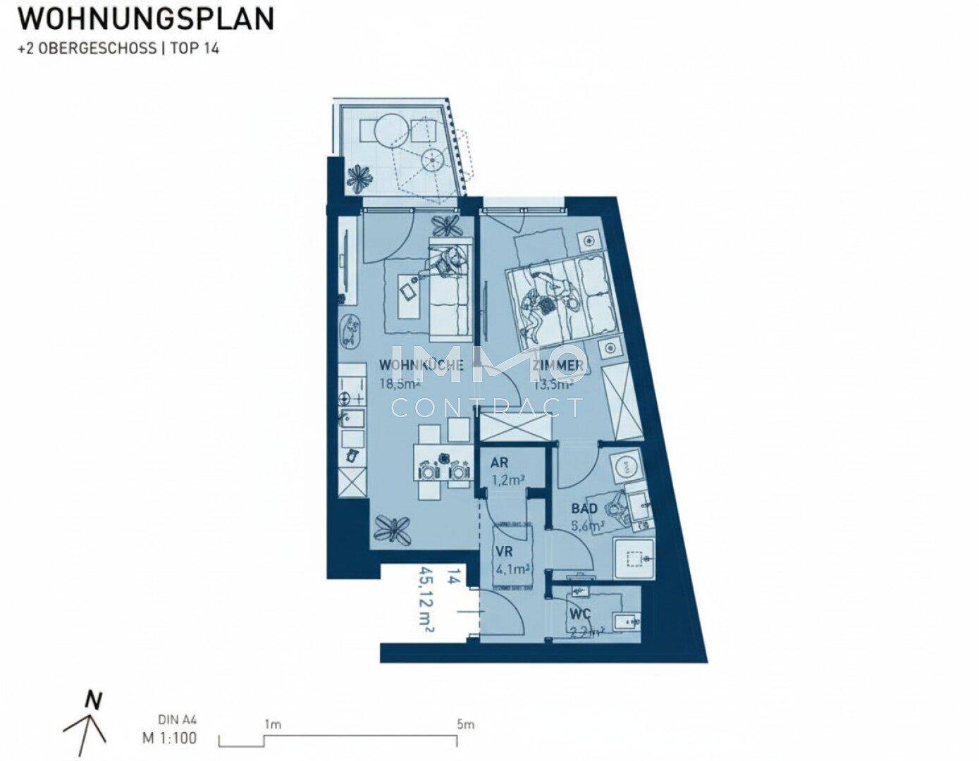Grundriss der Wohnung im zweiten Obergeschoss mit offenem Wohn- und Küchenbereich.