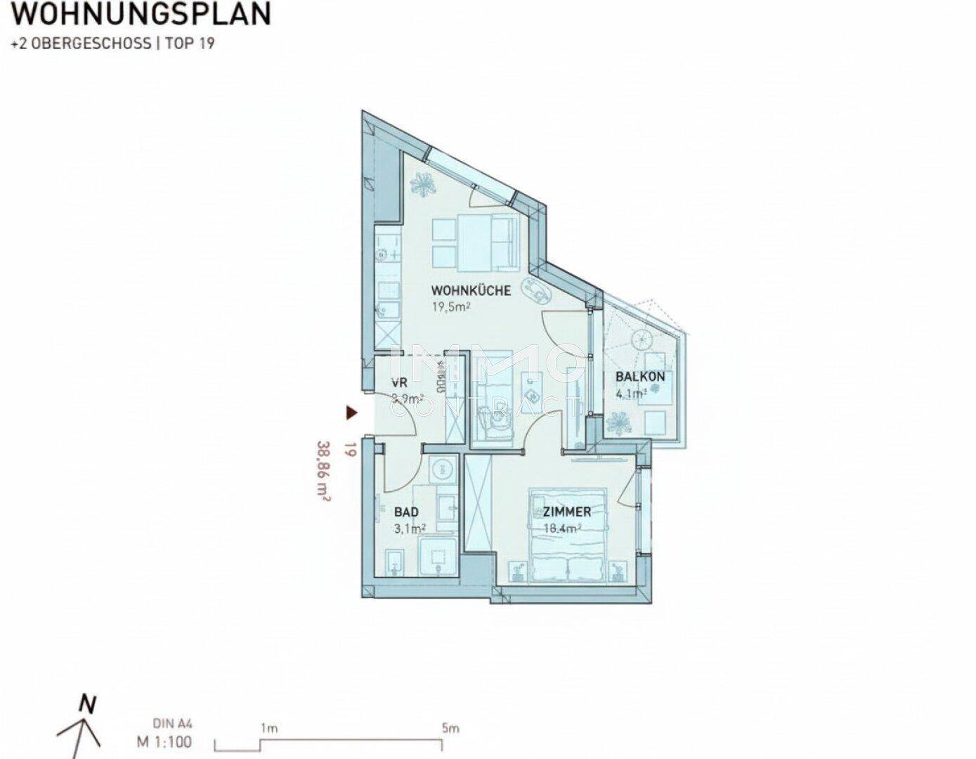 Grundriss der Wohnung Top 19 im 2. Obergeschoss mit offener Wohnküche und Balkon.