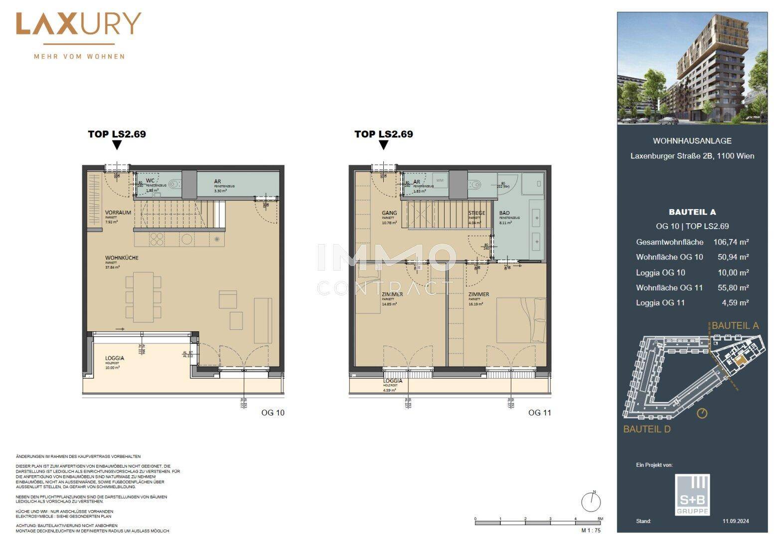 Detaillierter Grundriss einer Maisonette-Wohnung über zwei Etagen mit Loggia und mehreren Zimmern.