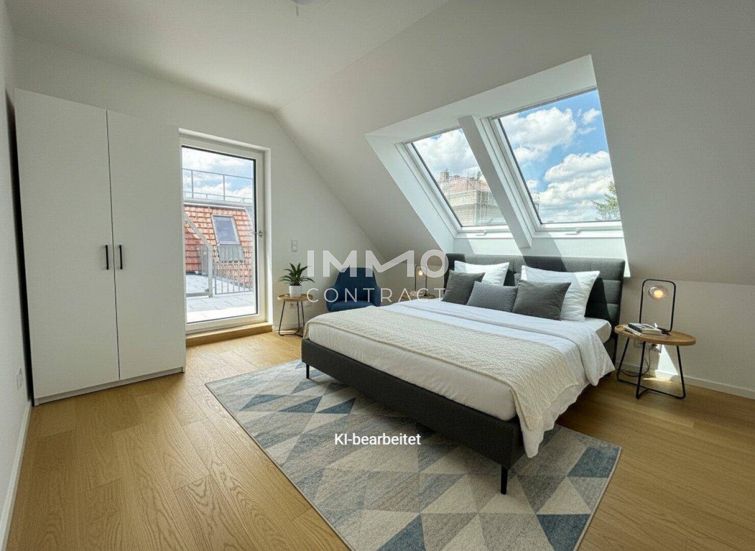 Helles Schlafzimmer im Dachgeschoss mit Holzboden, Dachfenstern und Zugang zur Terrasse, modern eingerichtet.