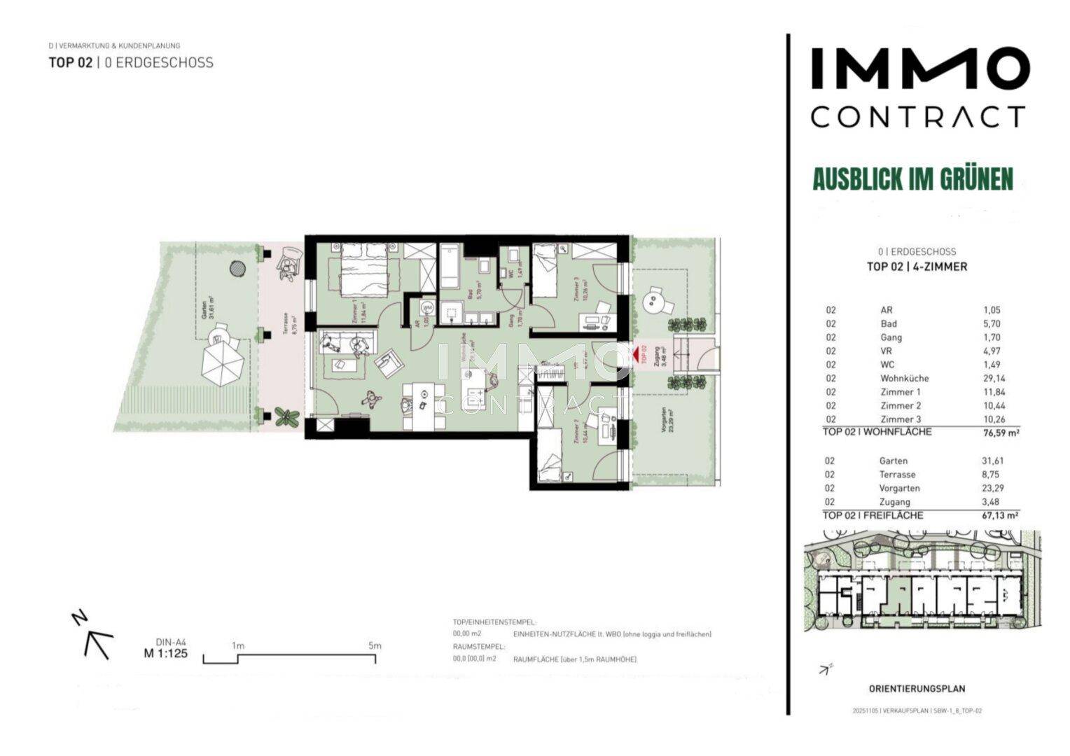 Detaillierter Grundriss einer 4-Zimmer-Wohnung im Erdgeschoss mit Garten und Terrasse.
