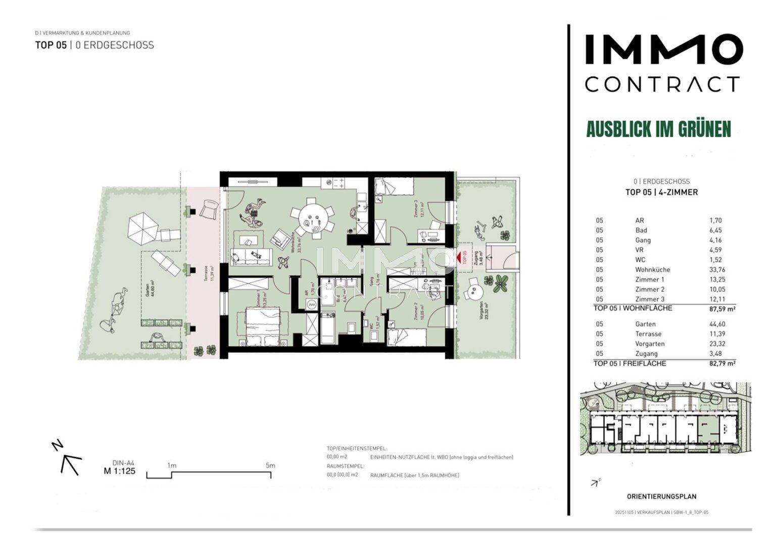 Detaillierter Grundriss des Erdgeschosses mit Garten, Terrasse und offenem Wohnbereich.