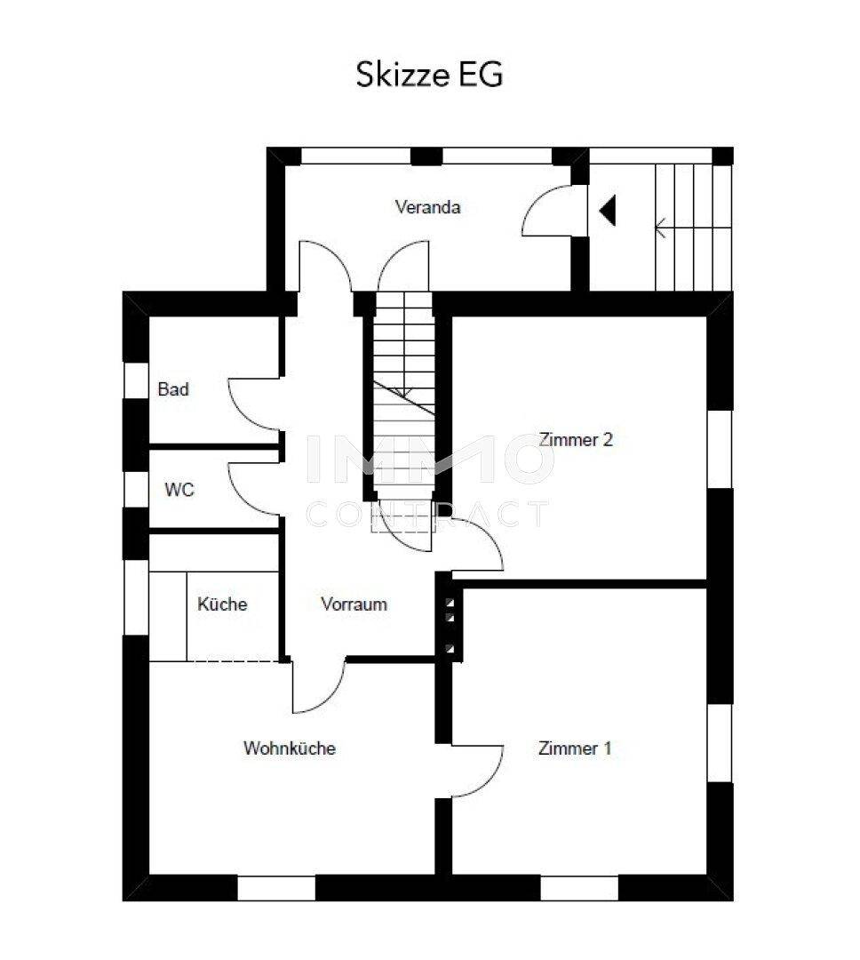 Grundriss des Erdgeschosses mit Wohnküche, zwei Zimmern, Bad, WC und einer Veranda.