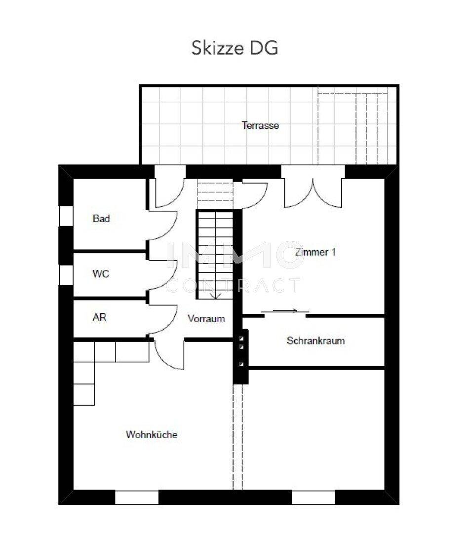 Grundriss des Dachgeschosses mit Wohnküche, Zimmer, Bad, WC, Schrankraum und großer Terrasse.