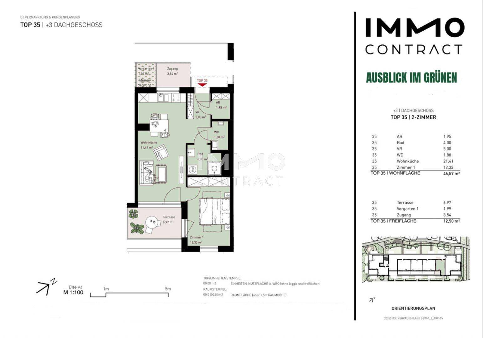 Grundriss einer 2-Zimmer-Wohnung im Dachgeschoss mit Terrasse und Gartenanteil.