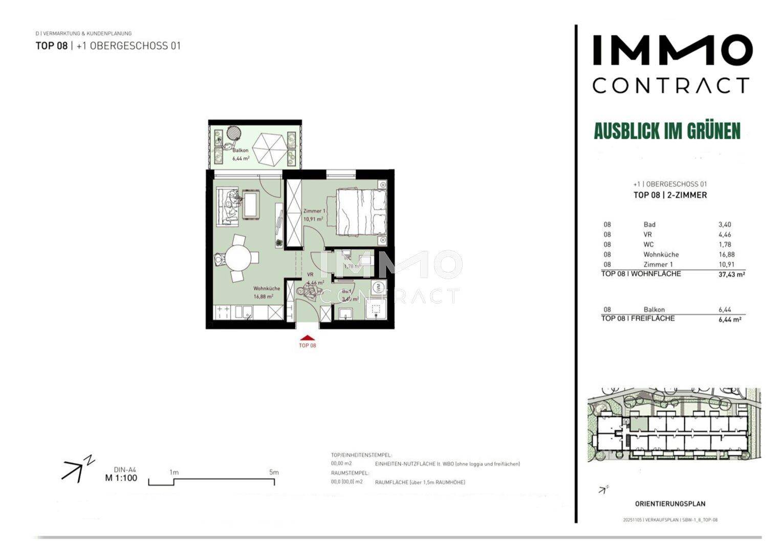 Grundriss der Wohnung TOP 08 im Obergeschoss mit Balkon und zwei Zimmern.