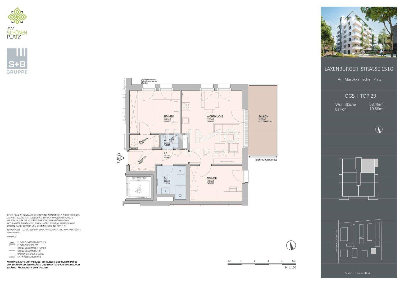 Grundriss der Wohnung Top 29 mit 58,86 m² Wohnfläche und einem Balkon von 10,88 m².