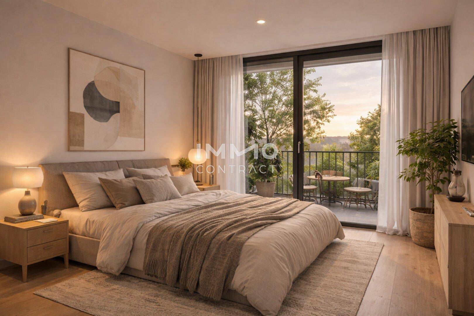 Geräumiges Schlafzimmer mit großem Bett, Nachttischen und direktem Zugang zum Balkon mit Aussicht.