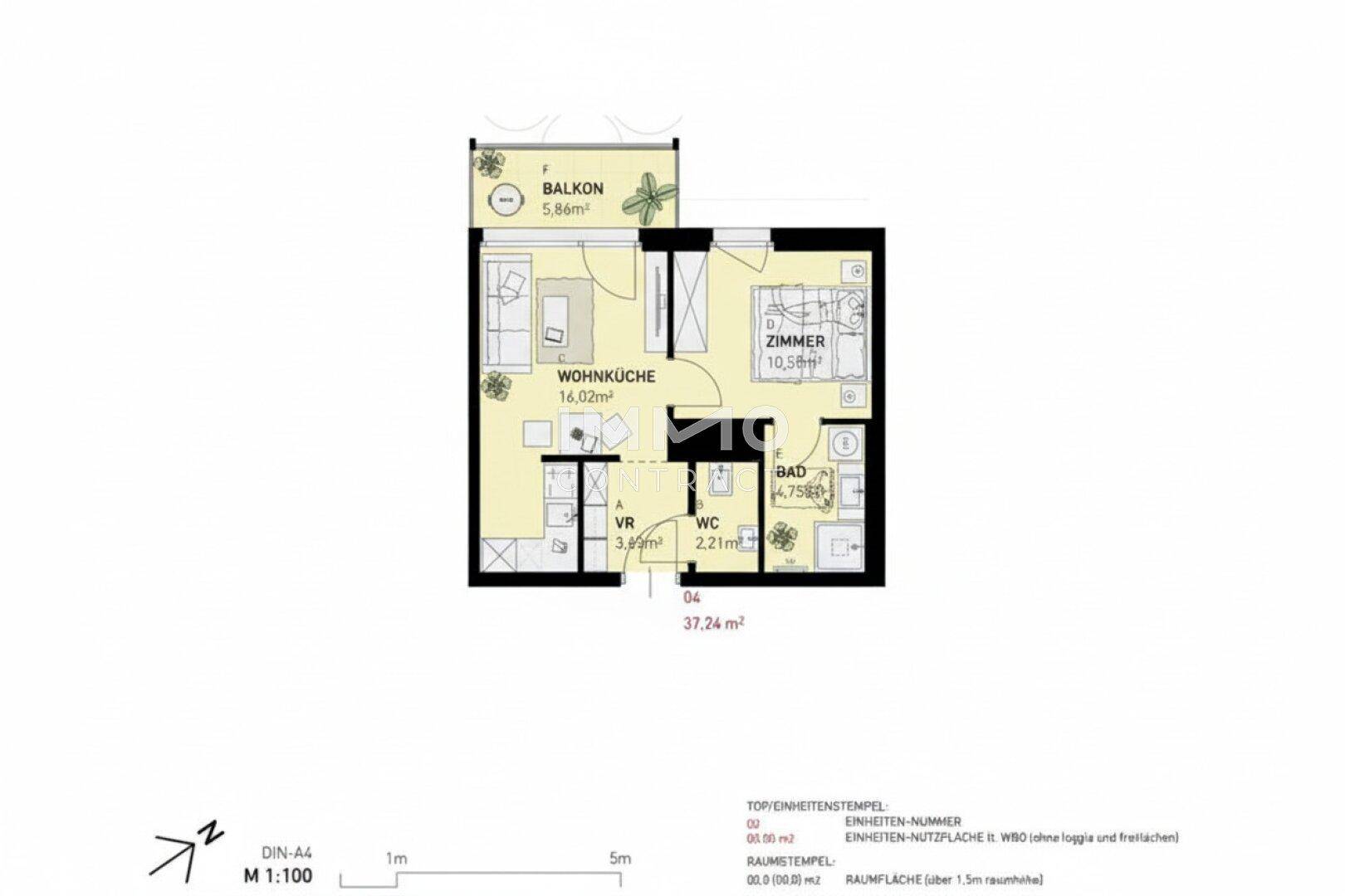 Grundriss einer Wohnung mit Wohnküche, Schlafzimmer, Bad, separatem WC und Balkon.