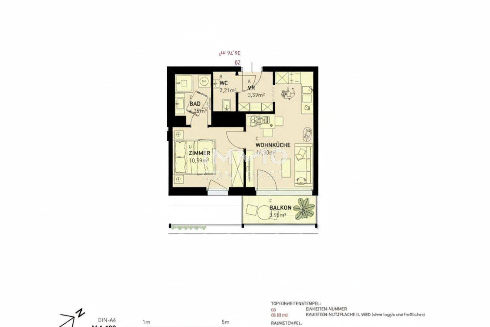 Grundriss einer Wohnung mit Wohnküche, Schlafzimmer, Bad, WC und Balkon.