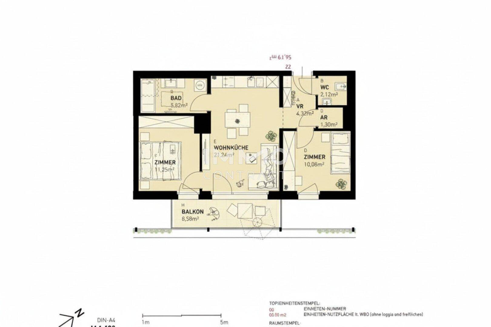 Detaillierter Grundriss einer Wohnung mit zwei Zimmern, Bad, WC und Balkon.