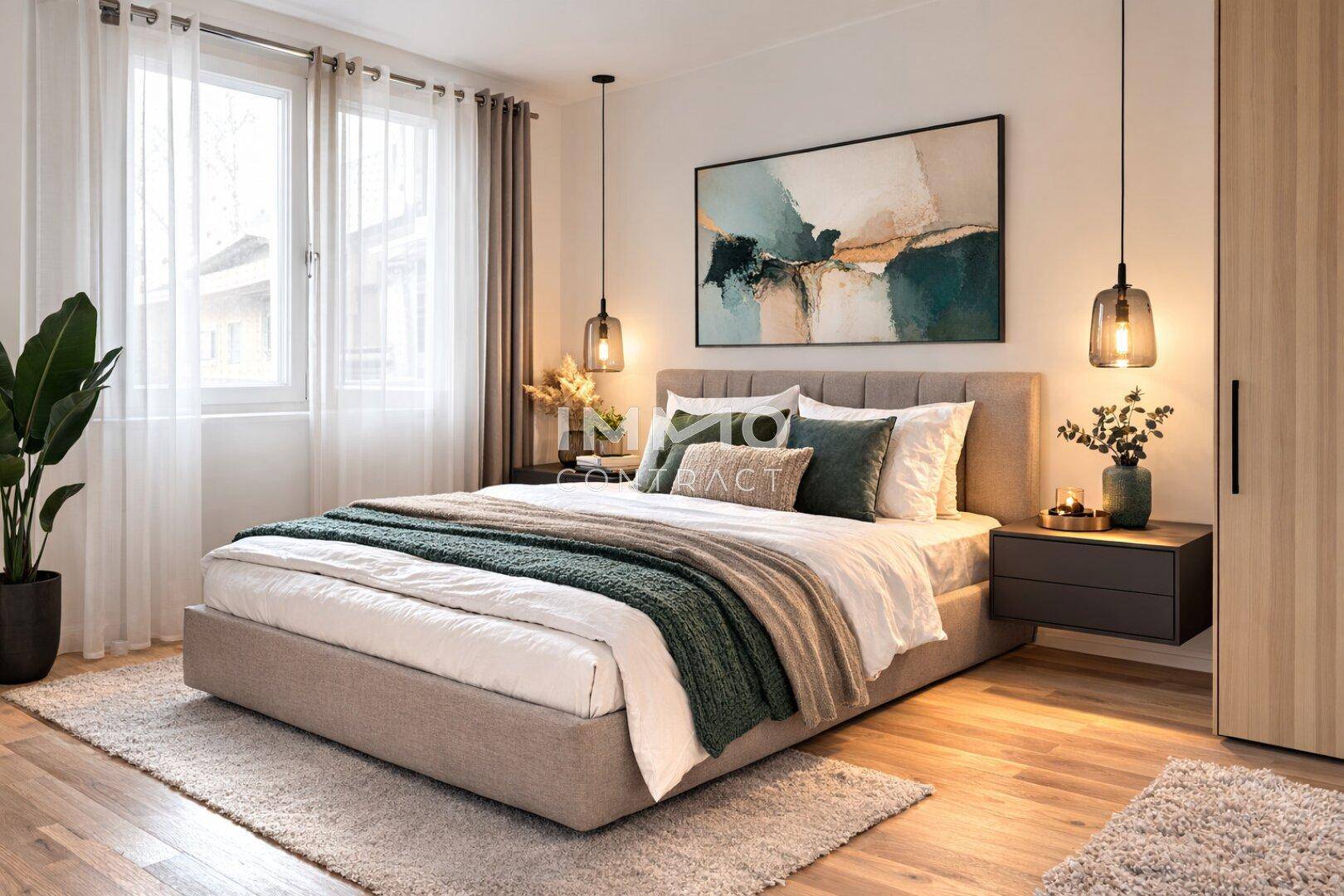 Modernes Schlafzimmer mit großem Bett, Holzboden und stilvoller Dekoration unter sanftem Licht.