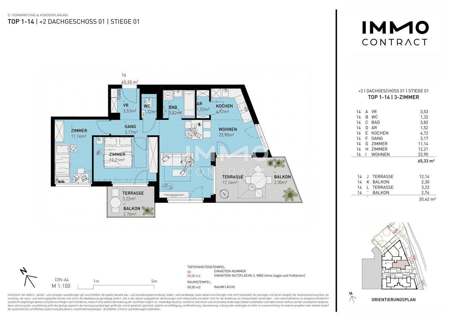 Grundriss einer 3-Zimmer-Wohnung mit Terrasse und Balkon im Dachgeschoss.