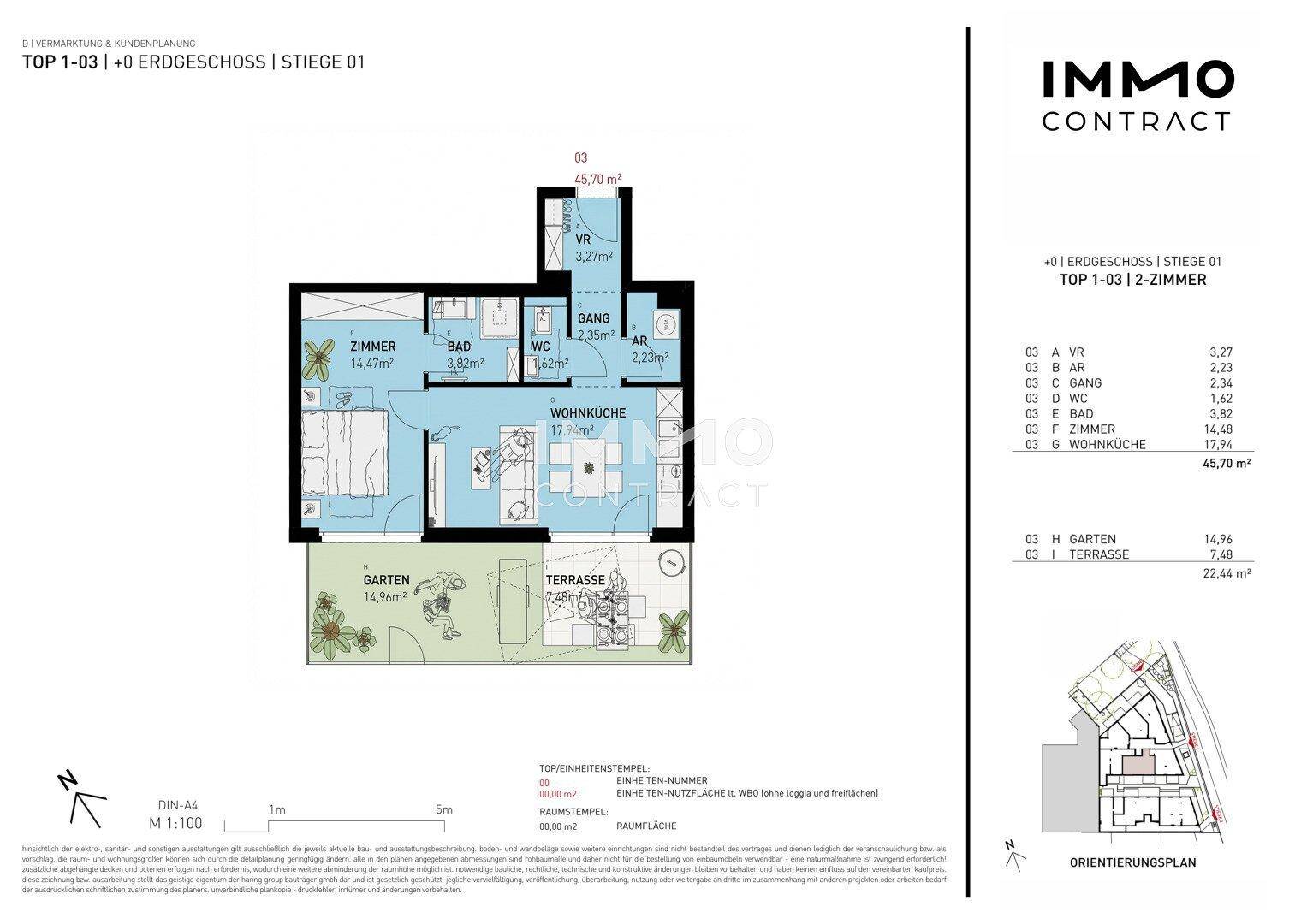 Grundriss einer 2-Zimmer-Wohnung im Erdgeschoss mit Garten und Terrasse.