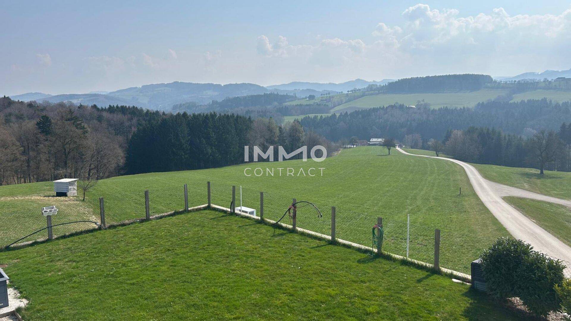 Weitläufige grüne Hügellandschaft mit Wäldern und einem Feldweg unter blauem Himmel.