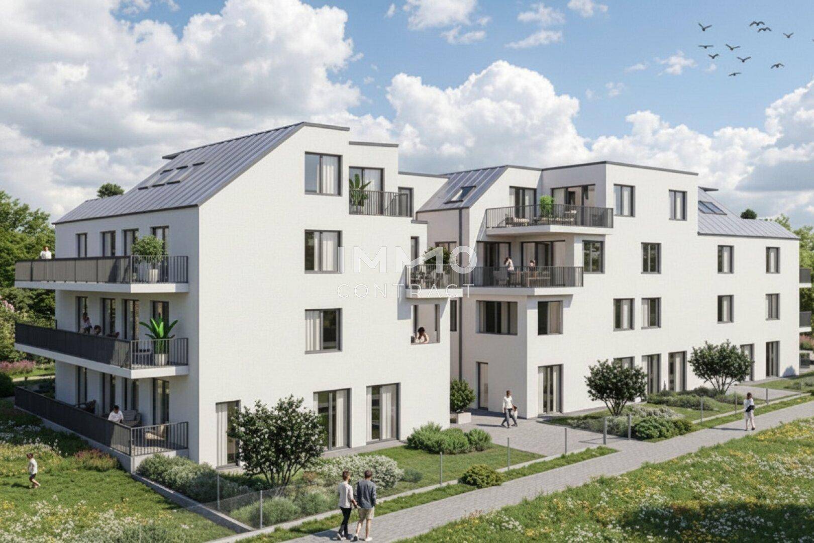 Visualisierung eines modernen Wohngebäudes mit Balkonen und Grünflächen an einem sonnigen Tag.