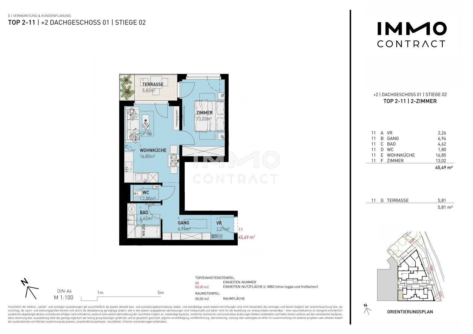 Grundriss der 2-Zimmer-Dachgeschosswohnung mit offener Wohnküche, Schlafzimmer und großer Terrasse.