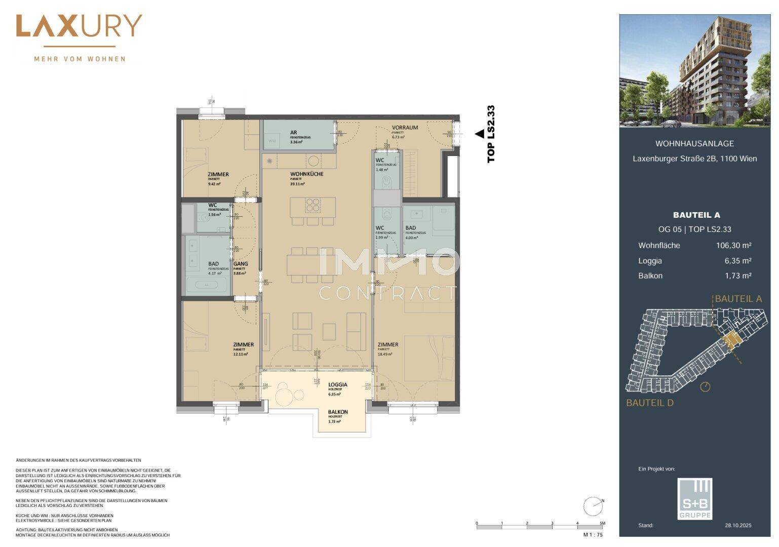 Detaillierter Grundriss einer Wohnung mit Loggia und Balkon, Gesamtfläche 106,30 m².