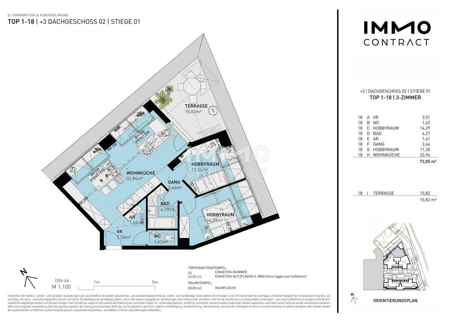 Grundriss der Dachgeschosswohnung mit drei Zimmern, Terrasse und Hobbyräumen.