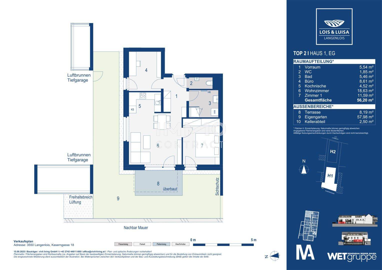 Grundriss einer Erdgeschosswohnung mit Terrasse, Garten und Tiefgaragenzugang.