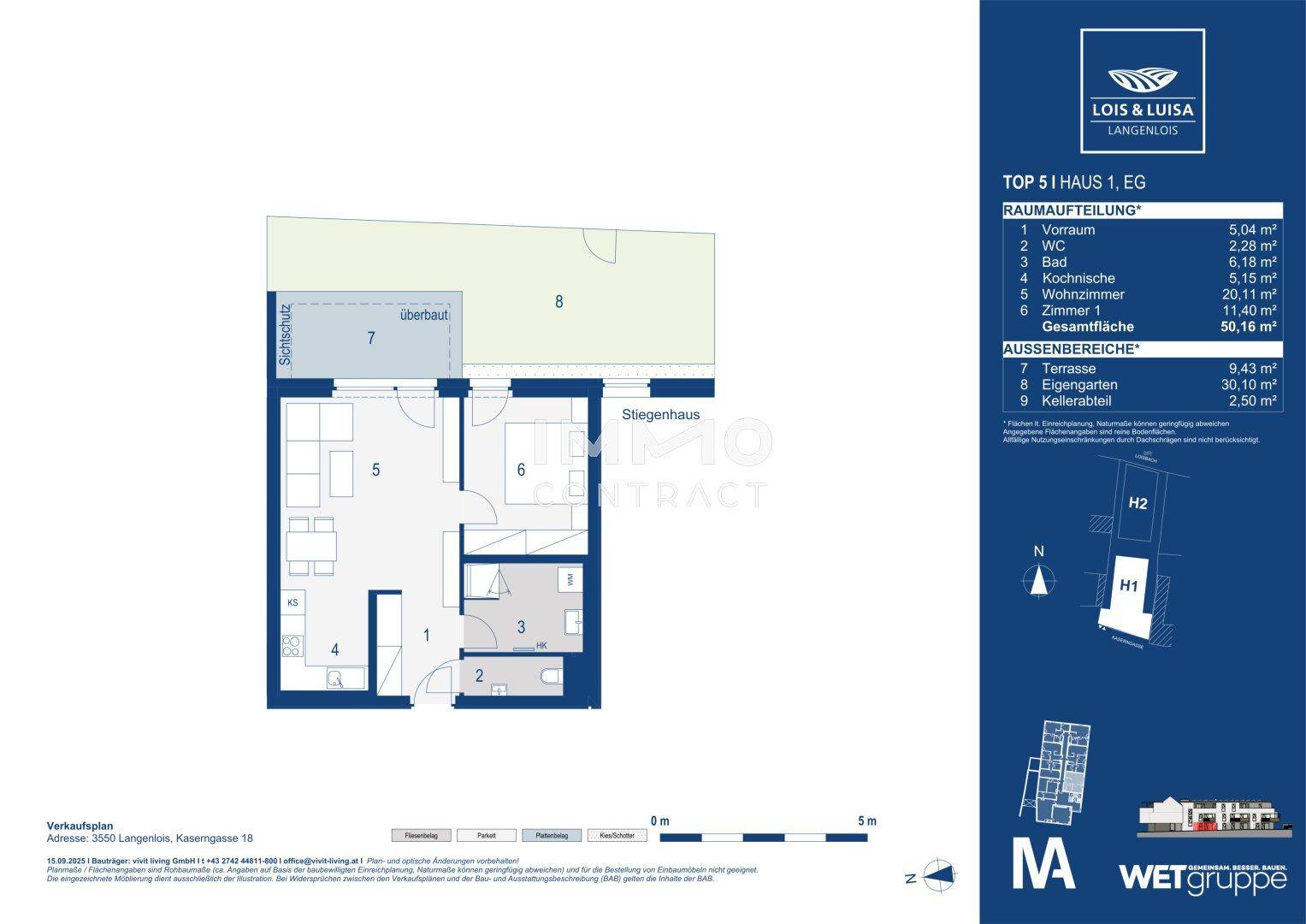 Grundriss der Wohnung Top 5 im Erdgeschoss mit Terrasse, Gartenanteil und Loggia.