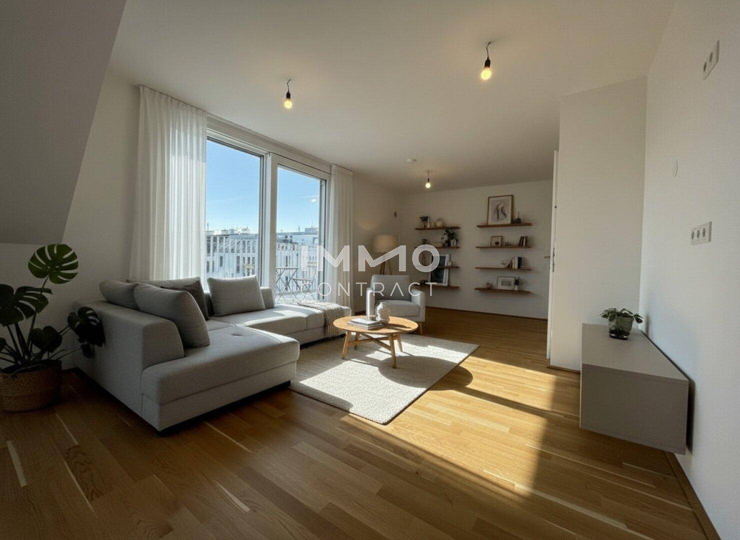 Lichtdurchflutetes Wohnzimmer mit Zugang zum Balkon, Holzboden und bequemer Sitzecke.
