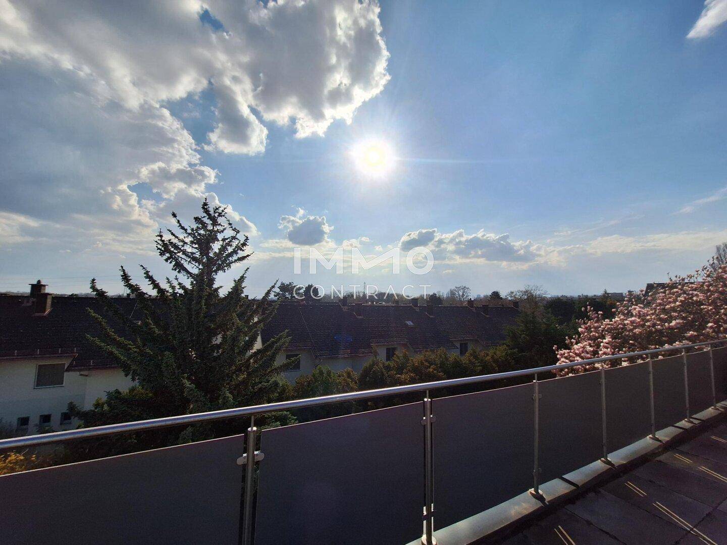 Panoramablick von der Dachterrasse über die Dächer der Umgebung und grüne Landschaft.
