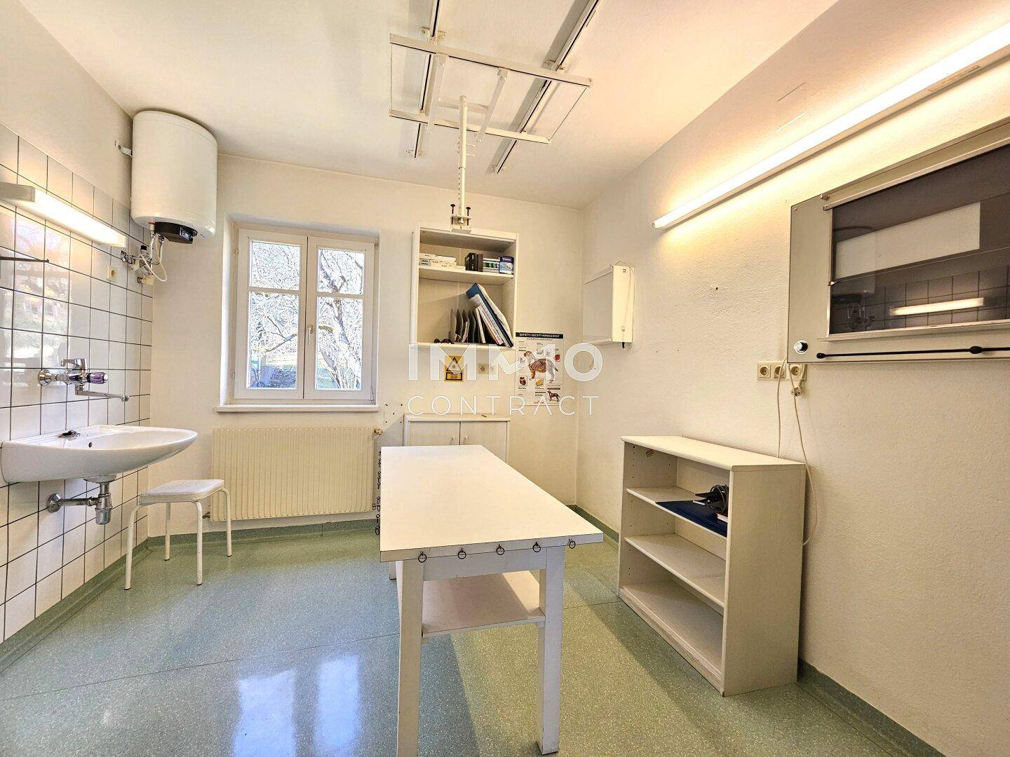Heller Raum mit Waschbecken, Arbeitstisch und viel Stauraum.
